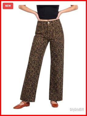 High Waisted Wide Leg Leopard Print Jeans Stretchy Denim Pants 30in Inseam